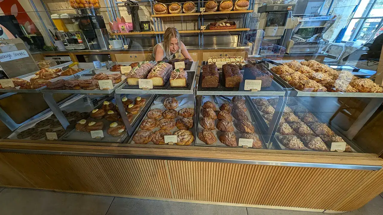 Bakery shelves of bread and pastries